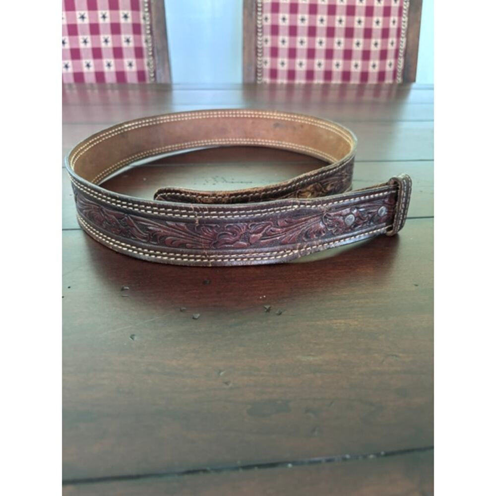 Vintage Western Tooled Leather Belt Strap Brown USA Made Size 34